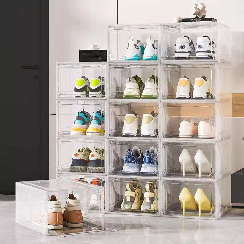 2-piece magnetic shoe box made of thick transparent plastic, foldable and stackable shoe rack, free combination, storage box for sneakers, women's shoes, children's shoes, and men's shoes