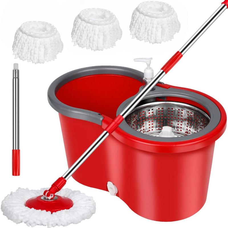 Spin Mop Bucket with Wringer Set, Operable 360 ° Rotating Mop Bucket Set, with 3 Microfiber Replacement Head ,Stainless Steel Mop Bucket 61 Inch Adjustable Handle Household Cleaning Tools Black Plastic