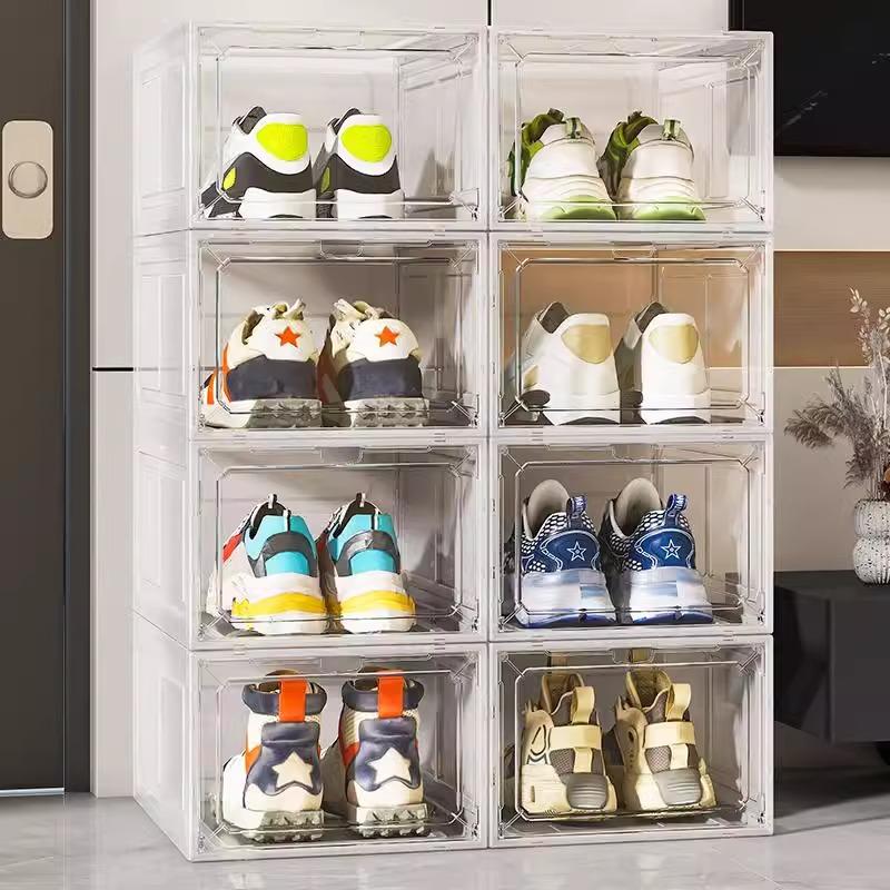 2-piece magnetic shoe box made of thick transparent plastic, foldable and stackable shoe rack, free combination, storage box for sneakers, women's shoes, children's shoes, and men's shoes