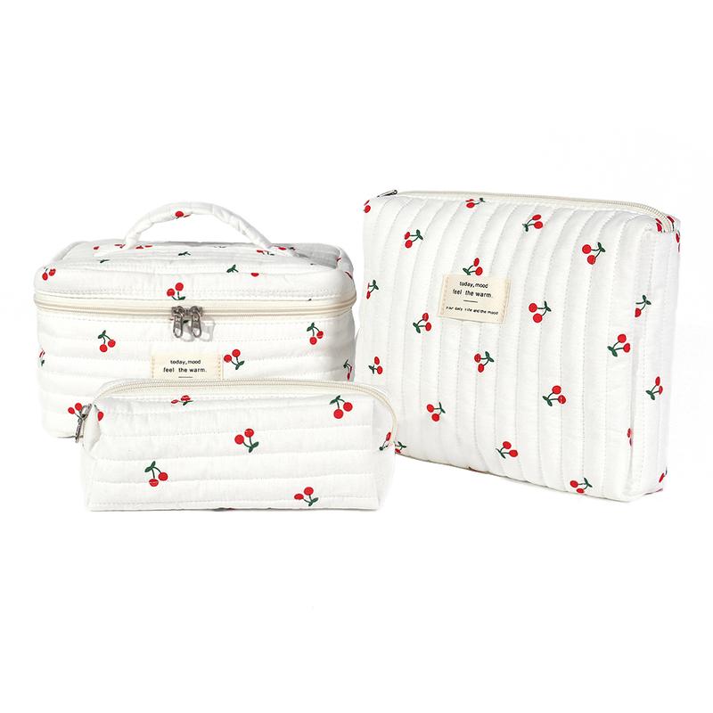 3-piece cherry pattern set, lightweight, multifunctional, stylish zipper design storage bag, suitable for daily use, leisure travel, portable storage bag for storing cosmetics, jewelry, and accessories