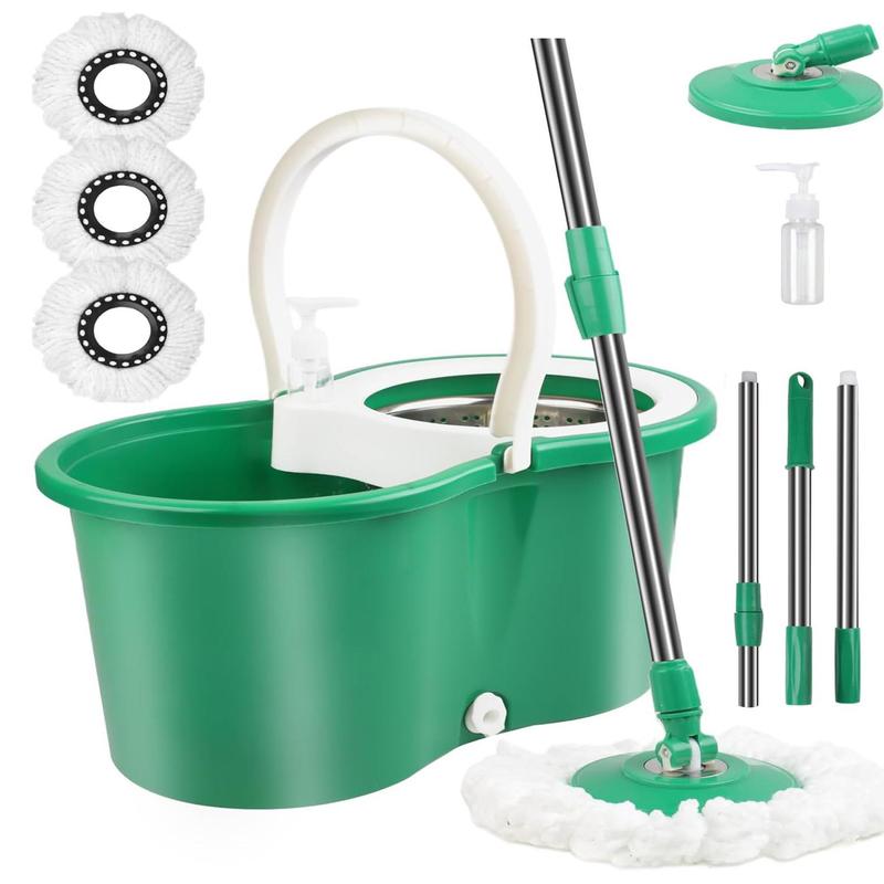 Spin Mop Bucket with Wringer Set, Operable 360 ° Rotating Mop Bucket Set, with 3 Microfiber Replacement Head ,Stainless Steel Mop Bucket 61 Inch Adjustable Handle Household Cleaning Tools Black Plastic
