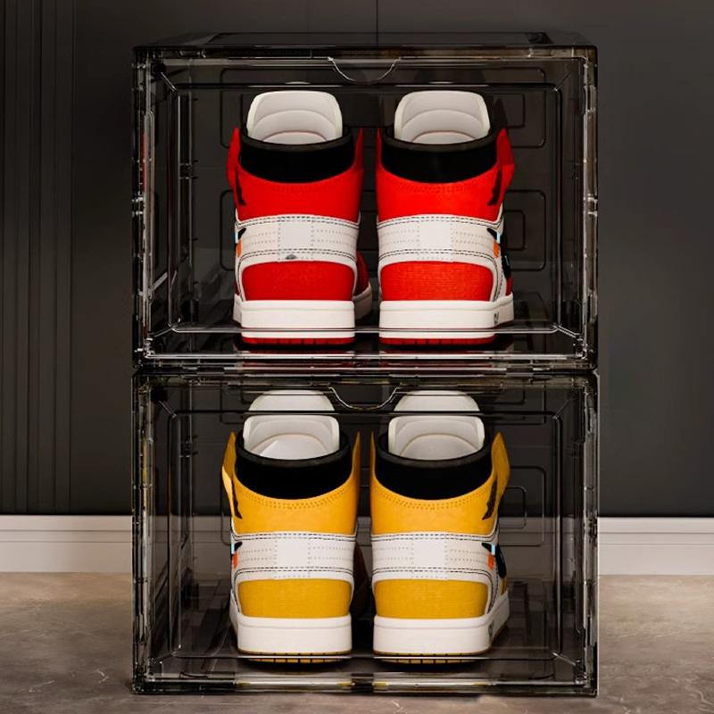 2-piece magnetic shoe box made of thick transparent plastic, foldable and stackable shoe rack, free combination, storage box for sneakers, women's shoes, children's shoes, and men's shoes