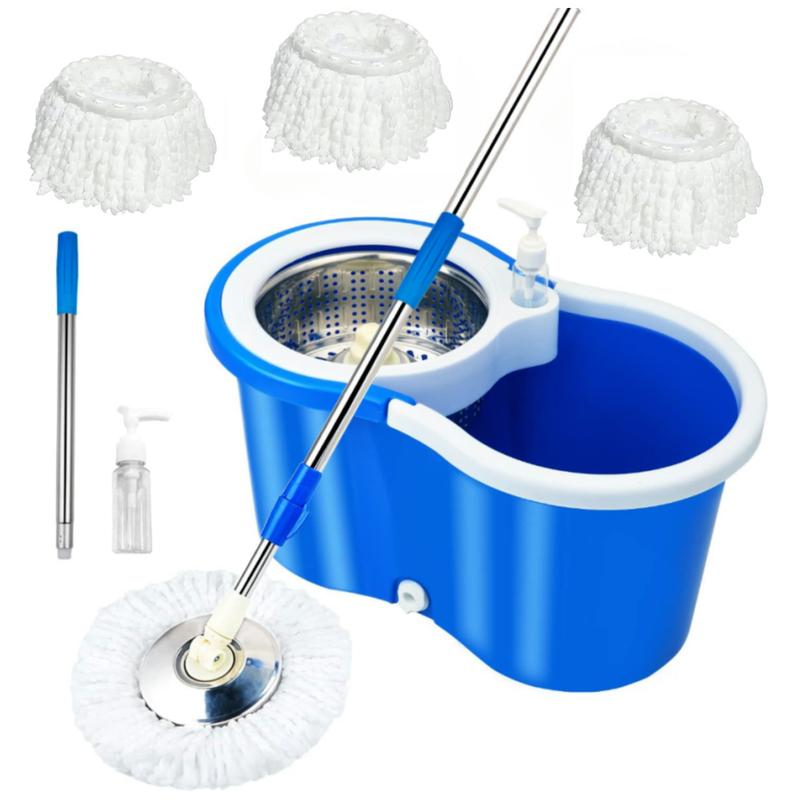 Spin Mop Bucket with Wringer Set, Operable 360 ° Rotating Mop Bucket Set, with 3 Microfiber Replacement Head ,Stainless Steel Mop Bucket 61 Inch Adjustable Handle Household Cleaning Tools Black Plastic