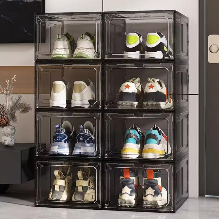 2-piece magnetic shoe box made of thick transparent plastic, foldable and stackable shoe rack, free combination, storage box for sneakers, women's shoes, children's shoes, and men's shoes
