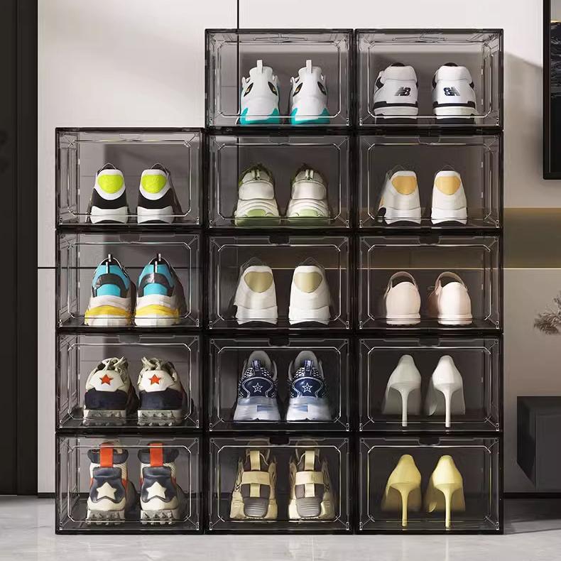 2-piece magnetic shoe box made of thick transparent plastic, foldable and stackable shoe rack, free combination, storage box for sneakers, women's shoes, children's shoes, and men's shoes